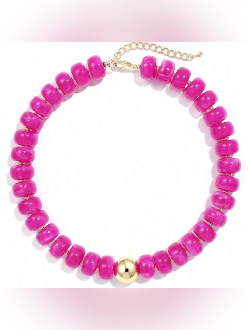 Hot Pink Beaded Necklace with Gold Accent - Picture 3 of 5